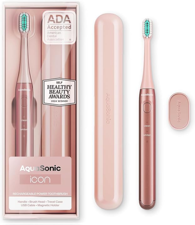Aquasonic Icon ADA-Accepted Rechargeable Toothbrush | Magnetic Holder & Slim Travel Case | 2 Brushing Modes & Smart Timers | Gentle Micro-Vibrations