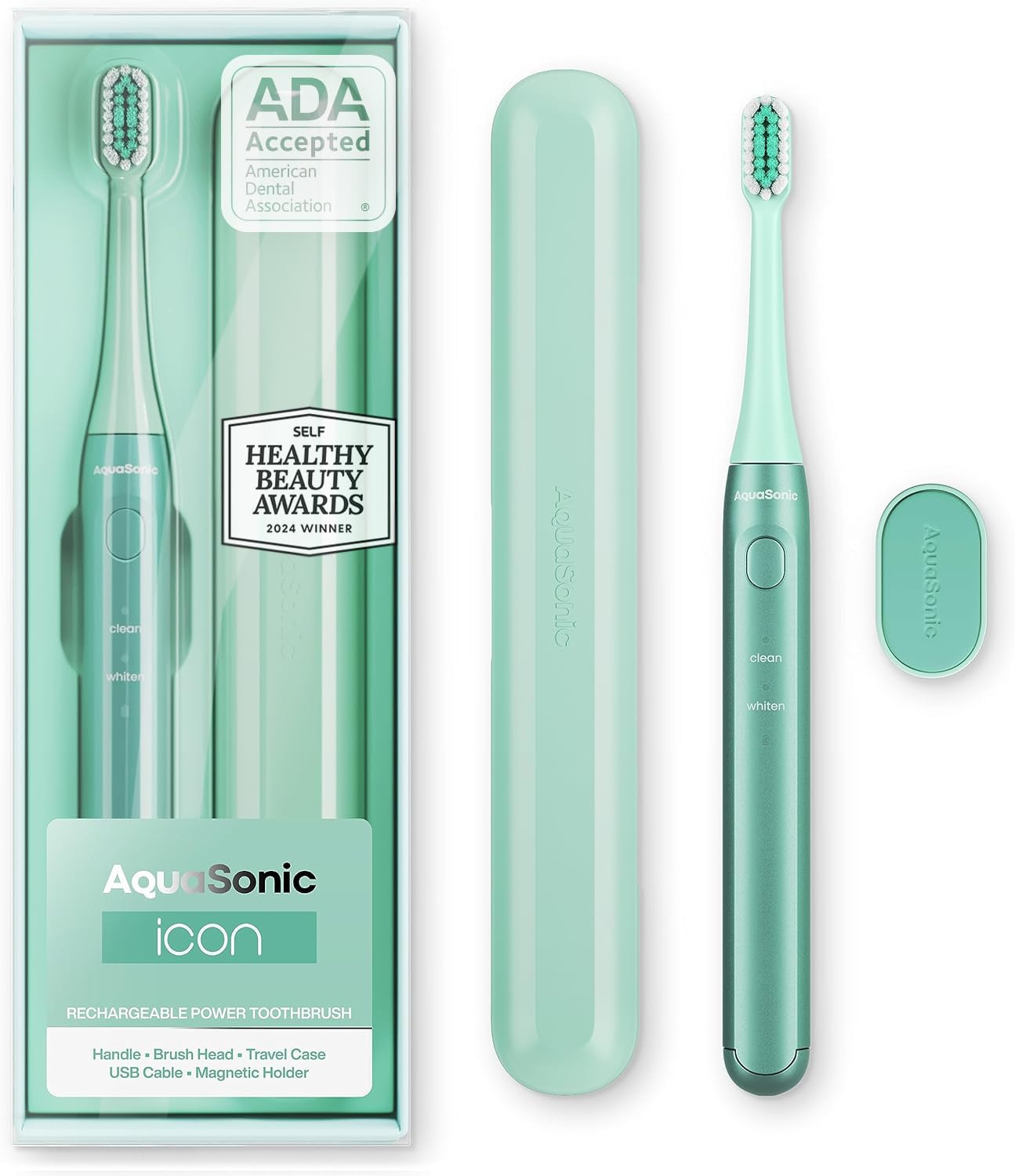 Aquasonic Icon ADA-Accepted Rechargeable Toothbrush | Magnetic Holder & Slim Travel Case | 2 Brushing Modes & Smart Timers | Gentle Micro-Vibrations