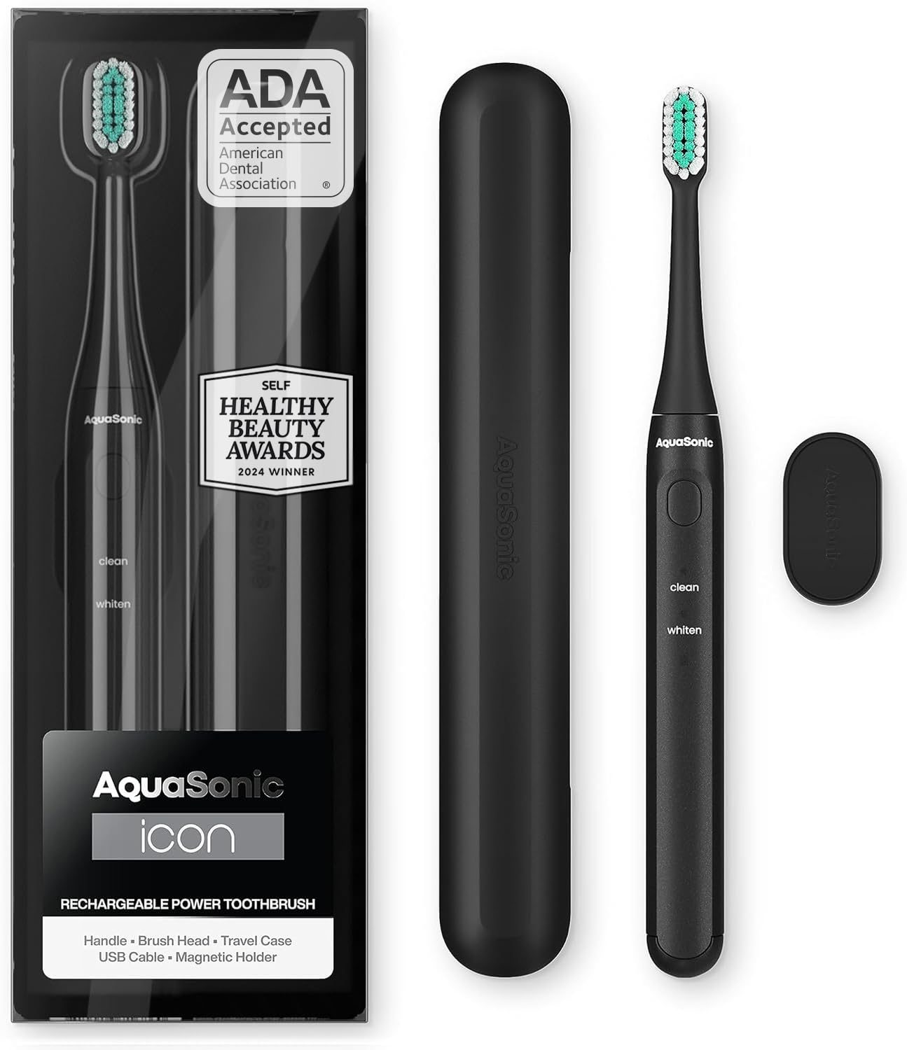 Aquasonic Icon ADA-Accepted Rechargeable Toothbrush | Magnetic Holder & Slim Travel Case | 2 Brushing Modes & Smart Timers | Gentle Micro-Vibrations