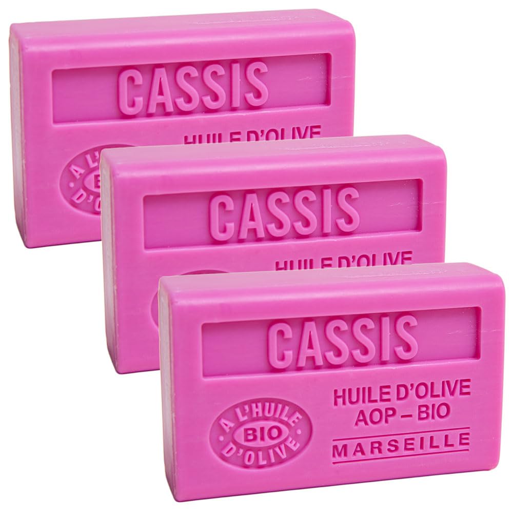 Label Provence Nature Savon de Marseille - French Soap Made With Pure Organic Olive Oil and Shea Butter - Blackcurrant Fragrance - 125 Gram Bars - Set of 3