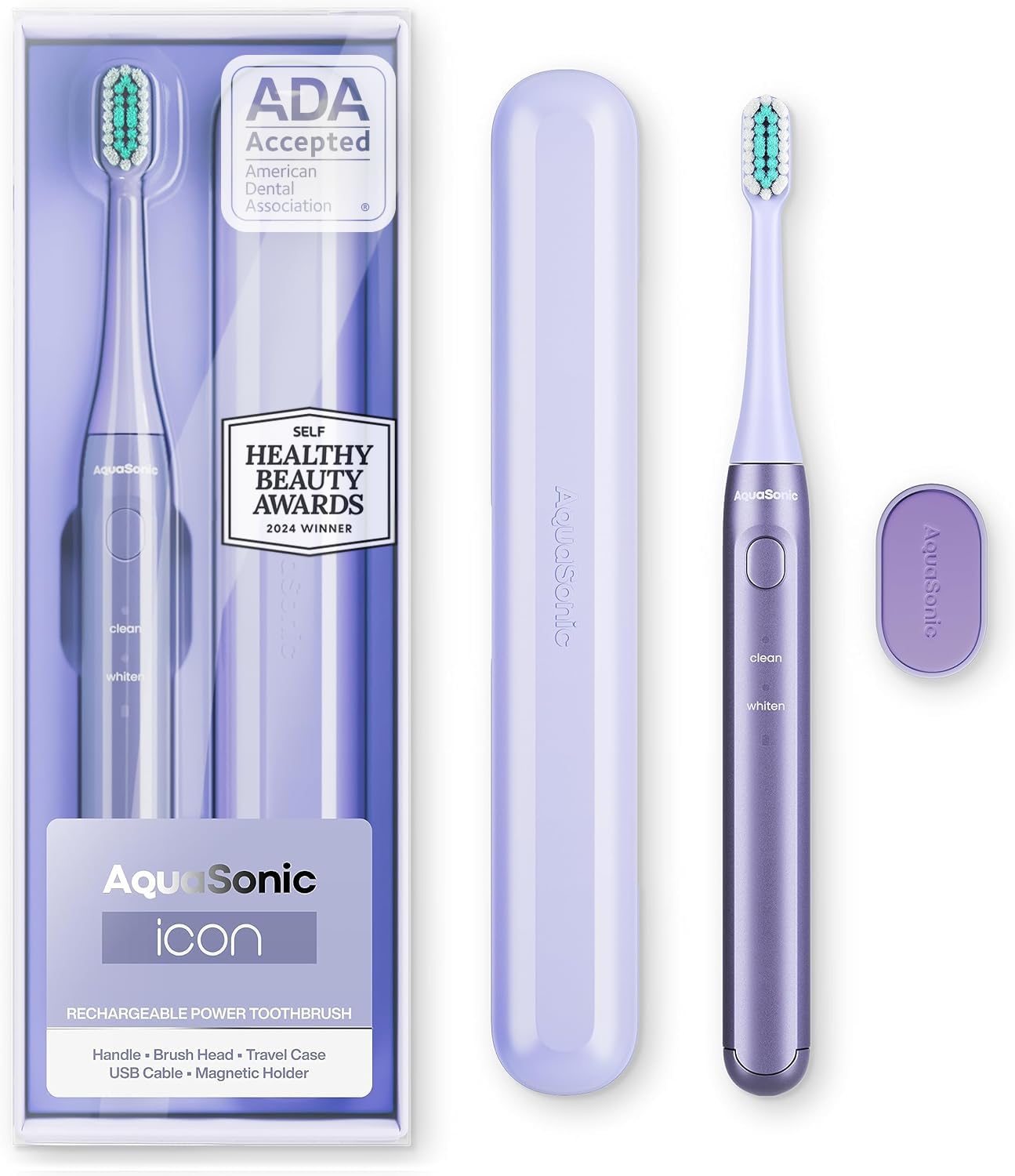 Aquasonic Icon ADA-Accepted Rechargeable Toothbrush | Magnetic Holder & Slim Travel Case | 2 Brushing Modes & Smart Timers | Gentle Micro-Vibrations