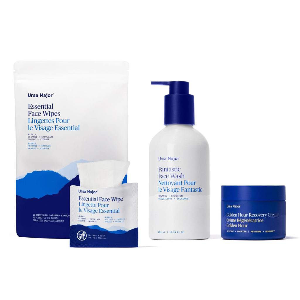 Ursa Major Daily Refresh Bundle | Essential Face Wipes, Fantastic Face Wash, Golden Hour Recovery Cream | 3 count