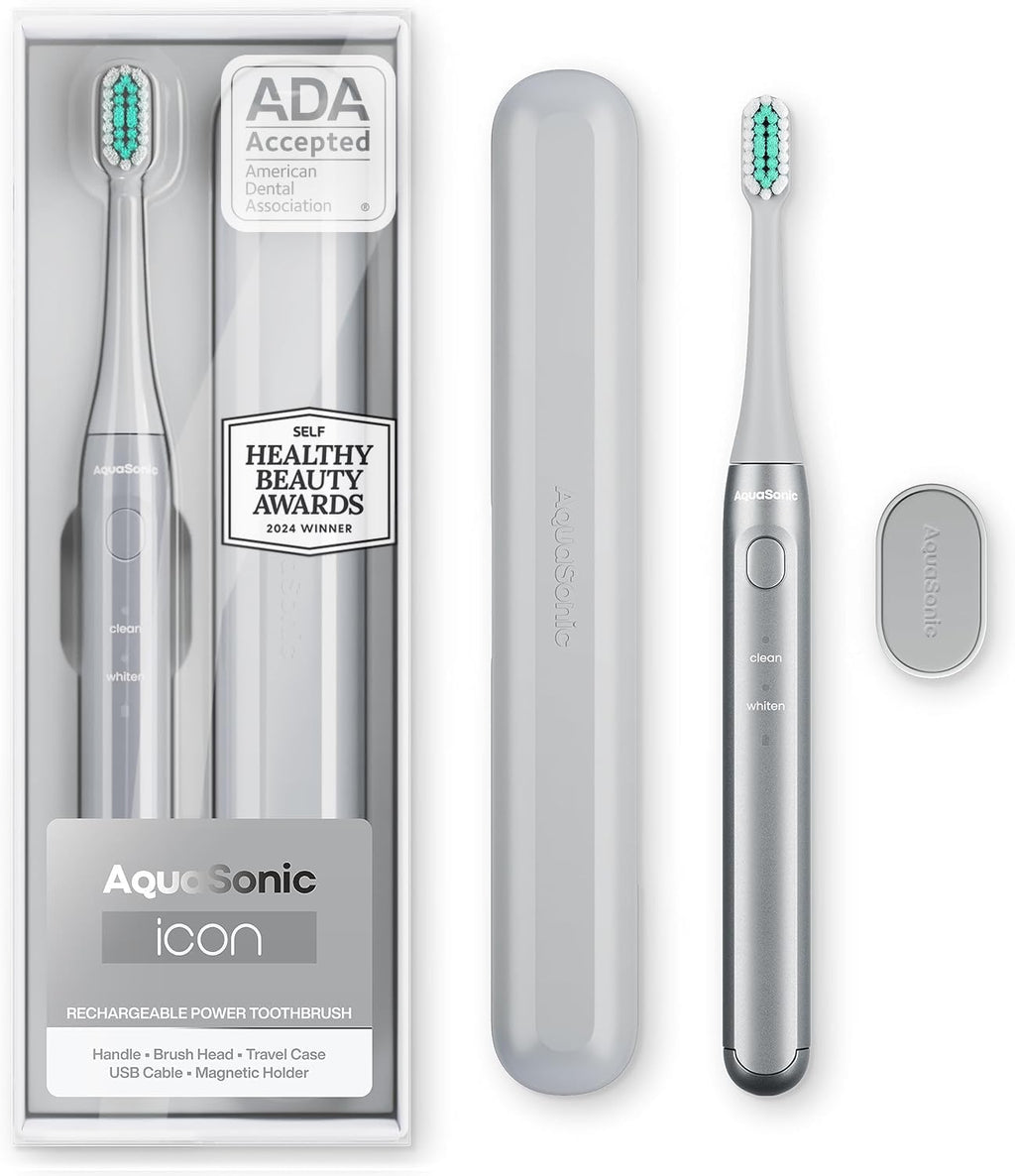 Aquasonic Icon ADA-Accepted Rechargeable Toothbrush | Magnetic Holder & Slim Travel Case | 2 Brushing Modes & Smart Timers | Gentle Micro-Vibrations