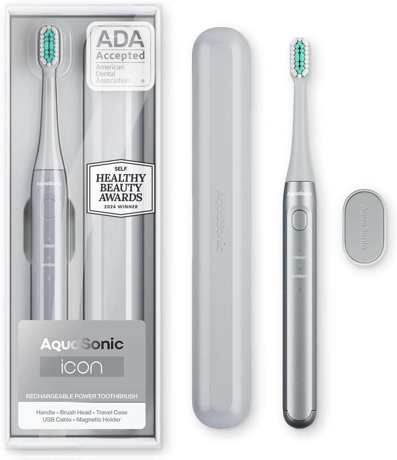 Aquasonic Icon ADA-Accepted Rechargeable Toothbrush | Magnetic Holder & Slim Travel Case | 2 Brushing Modes & Smart Timers | Gentle Micro-Vibrations