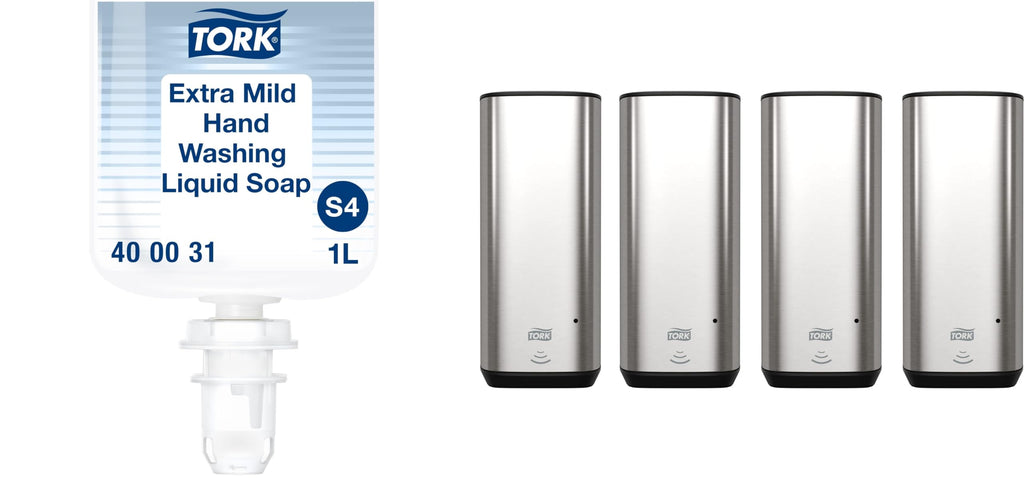 Tork Extra Mild Hand Washing Liquid Soap S4, No Fragrance added, 6 x 1L, 400031 Intuition Sensor Skincare Dispenser Stainless Steel S4, for Hand Soap & Sanitizer, Image Range, Pack of 4, 466100
