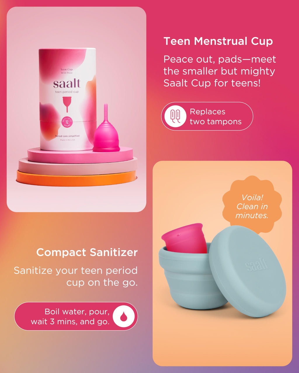 Saalt Teen First Period Kit - Includes Leakproof Period Underwear, Menstrual Cup, Menstrual Cup Wash, Compact Sanitizer, Feminine Wipes, Storage Bag, Saalt Stickers & Period Care 101 Booklet