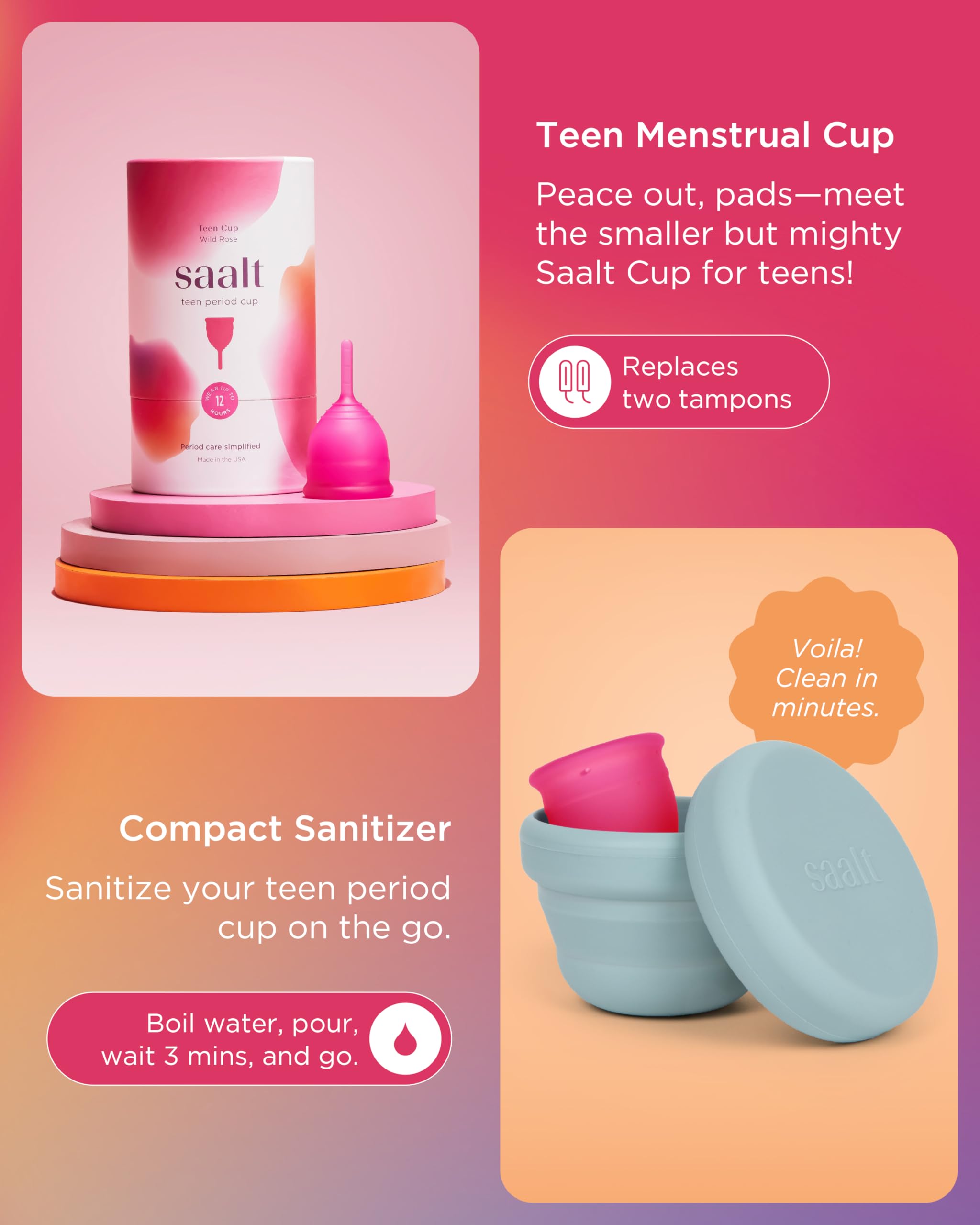 Saalt Teen First Period Kit - Includes Leakproof Period Underwear, Menstrual Cup, Menstrual Cup Wash, Compact Sanitizer, Feminine Wipes, Storage Bag, Saalt Stickers & Period Care 101 Booklet