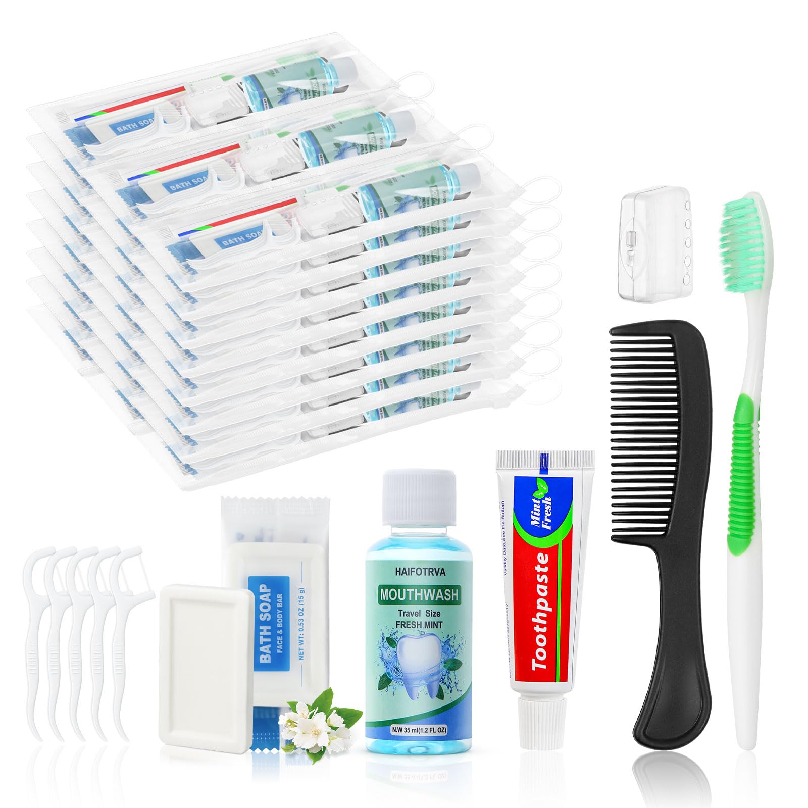 HAIFOTRVA Disposable Toothbrushes with Toothpaste and Floss,Mouthwash,Comb,Soap,Cover,Zip Bag Toiletry Travel Toothbrush Kit