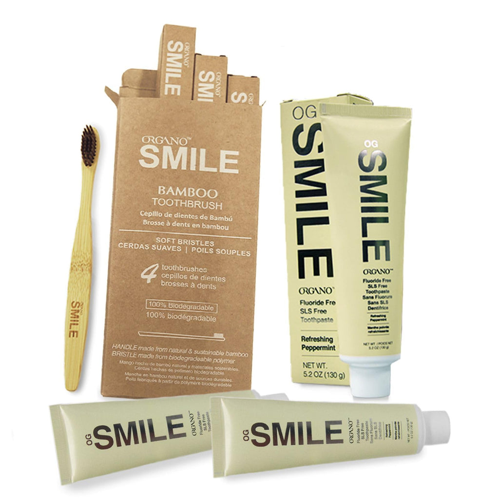 ORGANO OG Smile Oral Care Bundle (3 Toothpaste and 1 Set [of 4] Bamboo Toothbrushes)