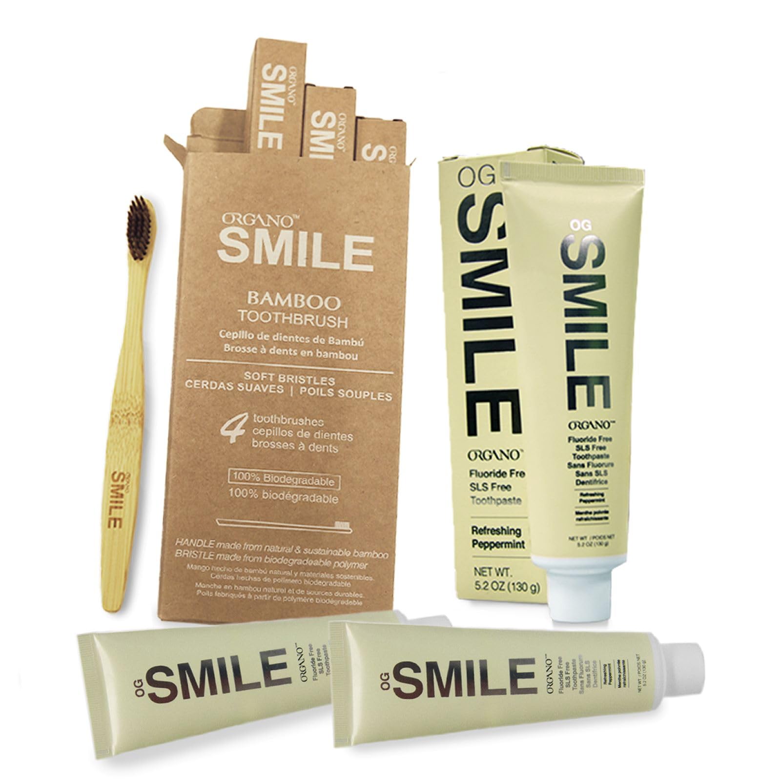 ORGANO OG Smile Oral Care Bundle (3 Toothpaste and 1 Set [of 4] Bamboo Toothbrushes)