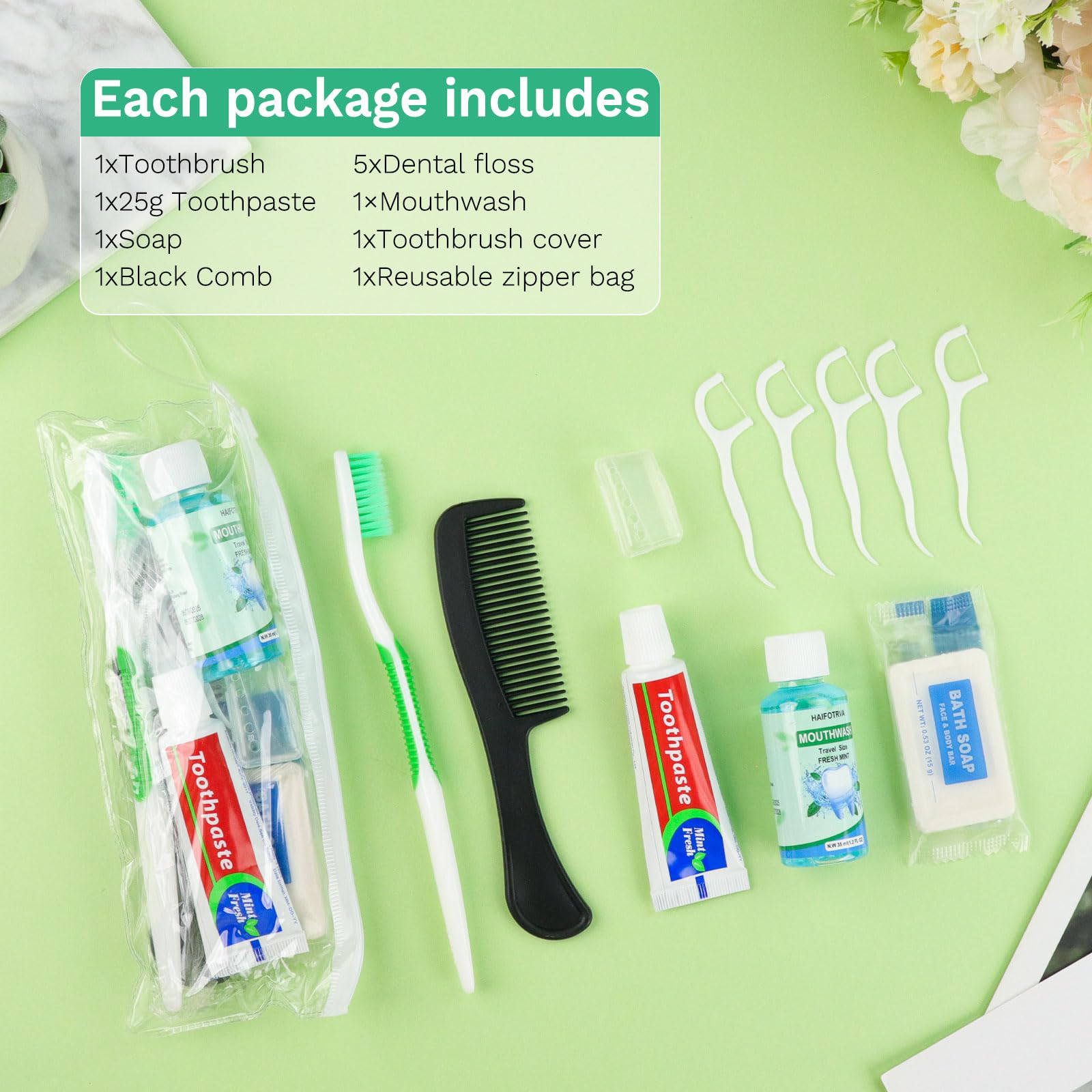 HAIFOTRVA Disposable Toothbrushes with Toothpaste and Floss,Mouthwash,Comb,Soap,Cover,Zip Bag Toiletry Travel Toothbrush Kit