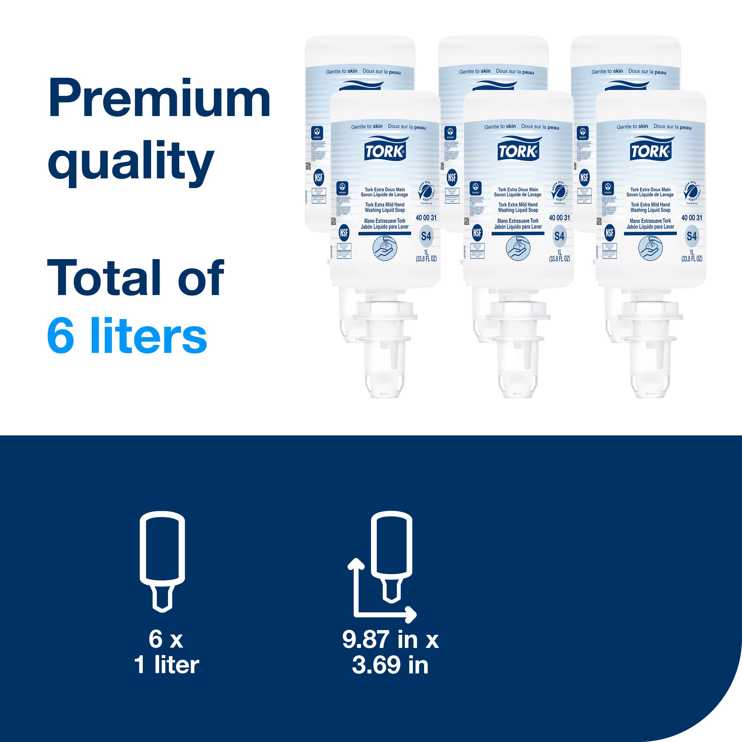 Tork Extra Mild Hand Washing Liquid Soap S4, No Fragrance added, 6 x 1L, 400031 Intuition Sensor Skincare Dispenser Stainless Steel S4, for Hand Soap & Sanitizer, Image Range, Pack of 4, 466100