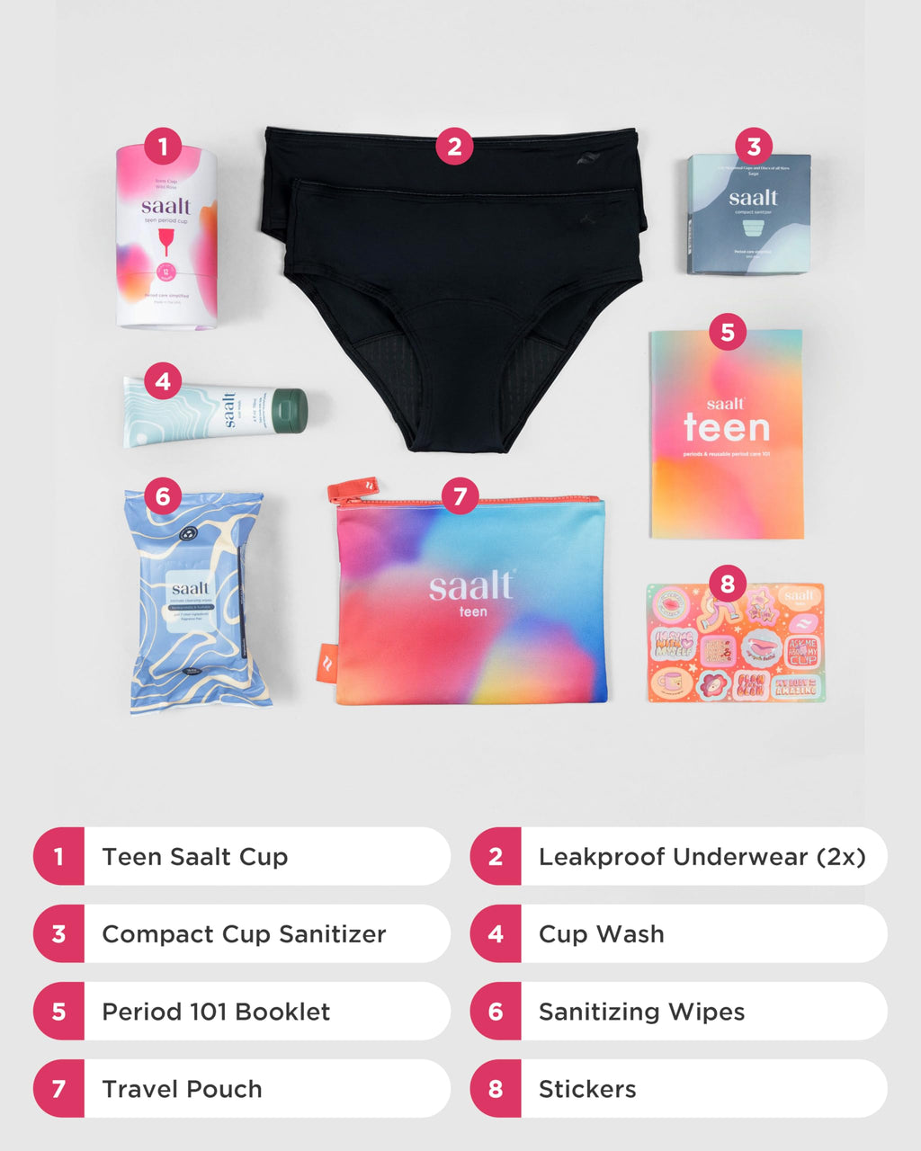Saalt Teen First Period Kit - Includes Leakproof Period Underwear, Menstrual Cup, Menstrual Cup Wash, Compact Sanitizer, Feminine Wipes, Storage Bag, Saalt Stickers & Period Care 101 Booklet