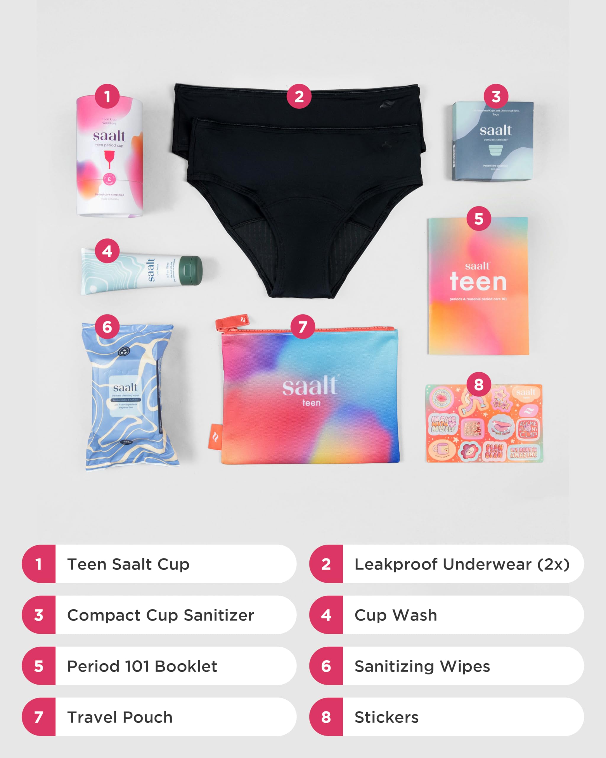 Saalt Teen First Period Kit - Includes Leakproof Period Underwear, Menstrual Cup, Menstrual Cup Wash, Compact Sanitizer, Feminine Wipes, Storage Bag, Saalt Stickers & Period Care 101 Booklet