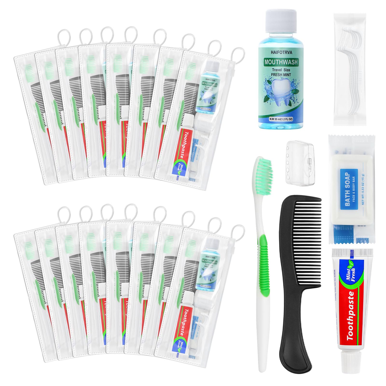 HAIFOTRVA Disposable Toothbrushes with Toothpaste and Floss,Mouthwash,Comb,Soap,Cover,Zip Bag Toiletry Travel Toothbrush Kit