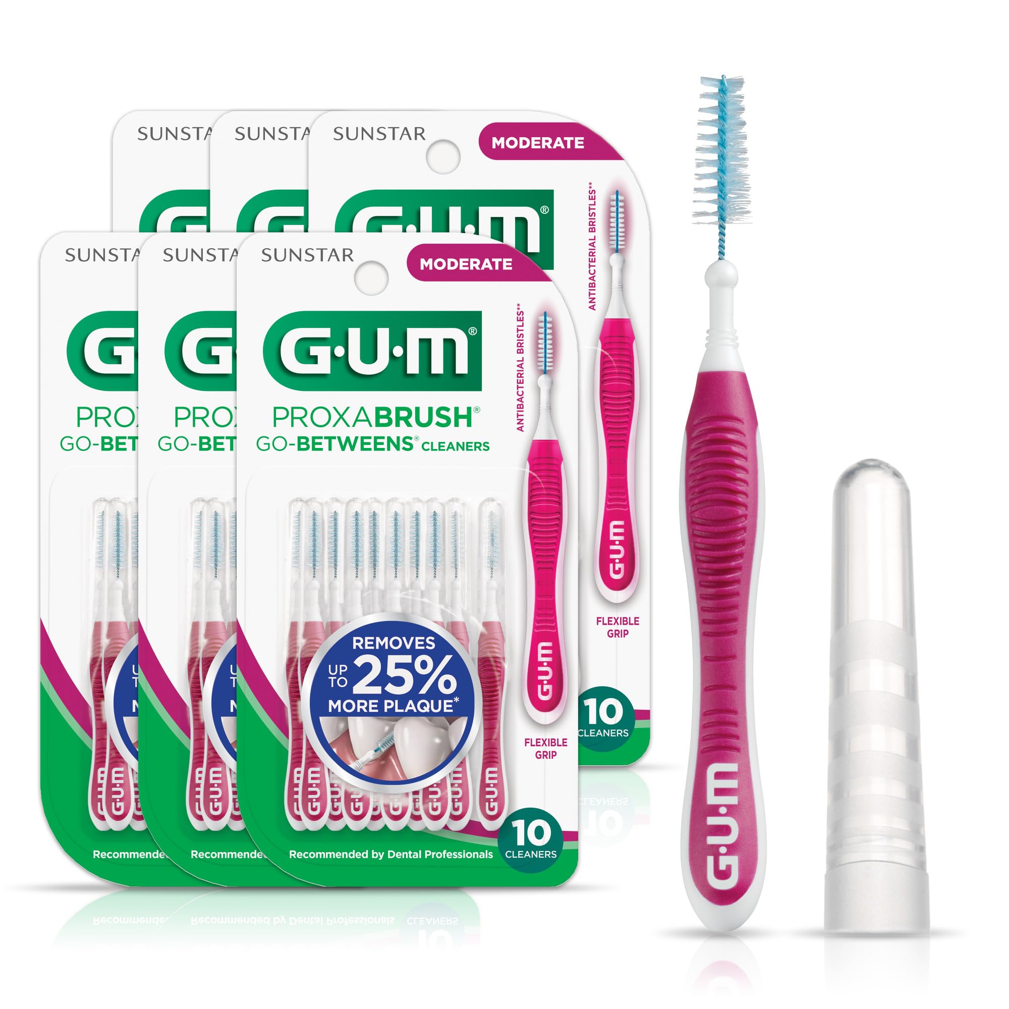 GUM Proxabrush Go-Betweens - Moderate - Interdental Brushes - Soft Bristled Dental Picks for Plaque Removal Health - Safe for Braces & Dental Devices