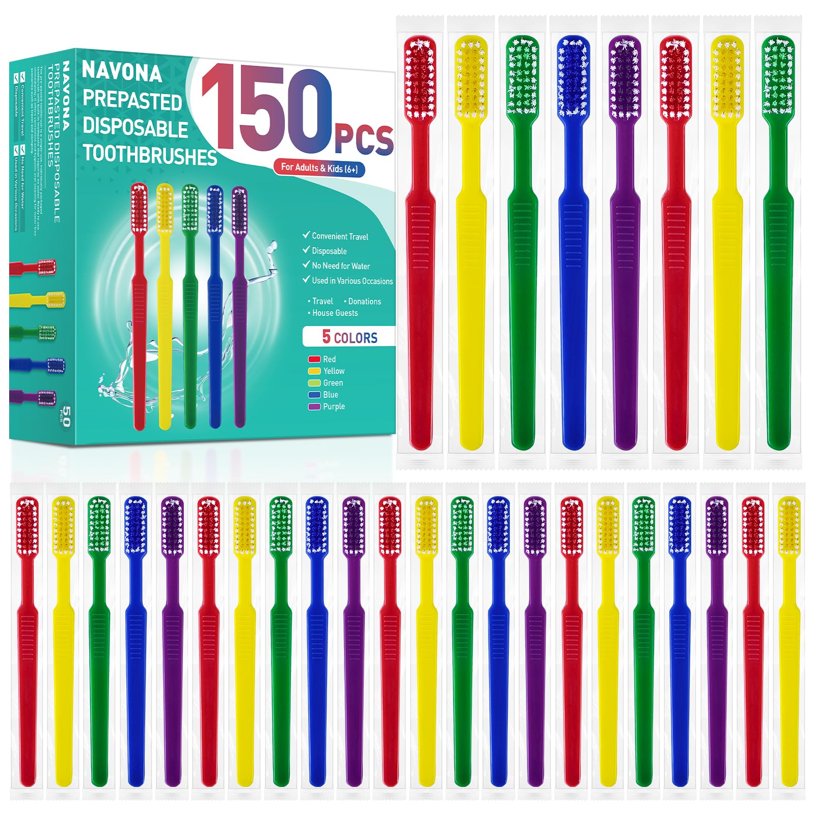 Navona 50PCS/150PCS Prepasted Disposable Toothbrushes-Individually Wrapped, Perfect for Travel Hotel Donation