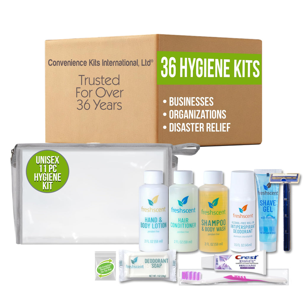 Convenience Kits International Unisex 10-Piece Budget Hygiene Travel Kit with Crest Toothpaste, Bar Soap, Shave Gel, and TSA-Friendly Zippered Travel Bag