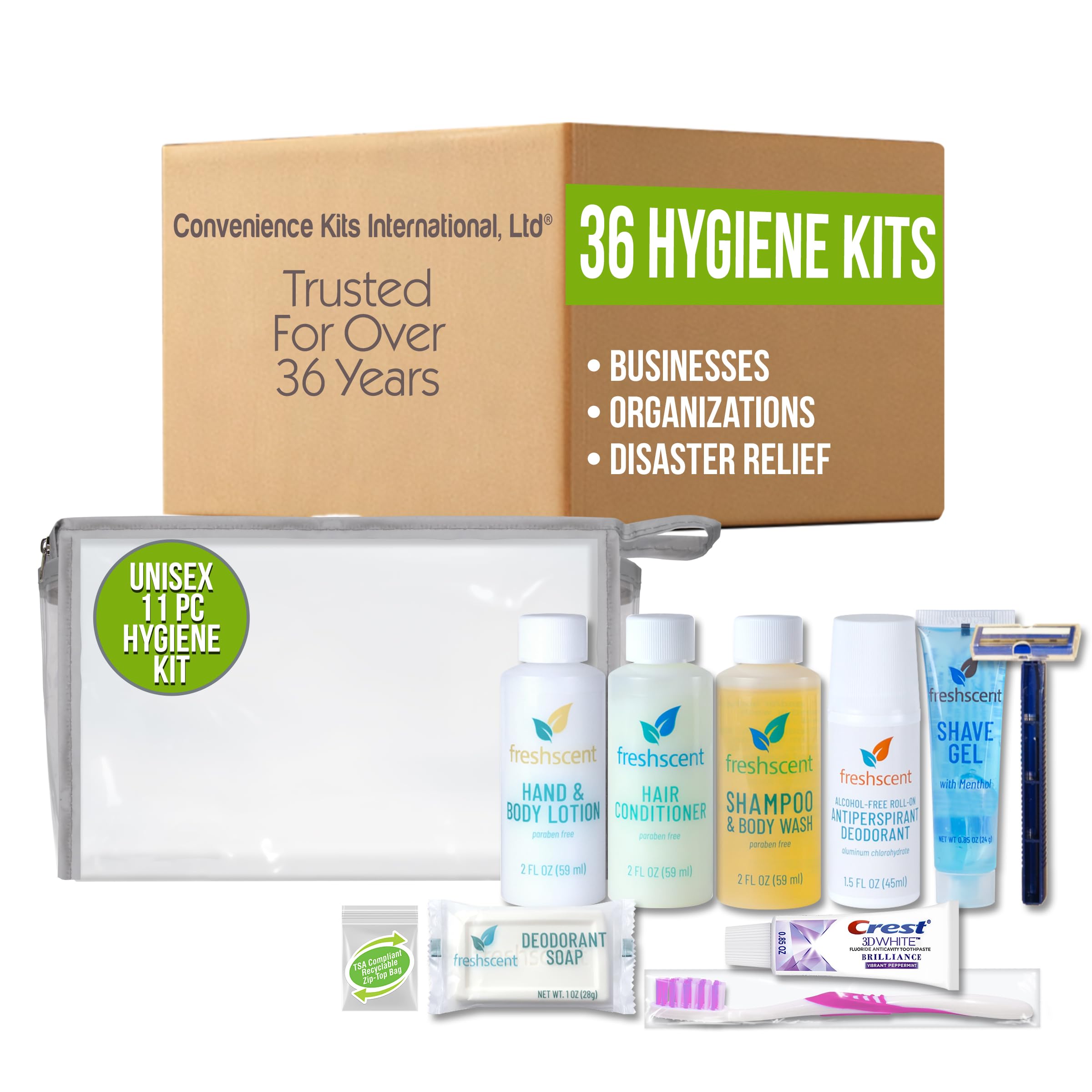 Convenience Kits International Unisex 10-Piece Budget Hygiene Travel Kit with Crest Toothpaste, Bar Soap, Shave Gel, and TSA-Friendly Zippered Travel Bag