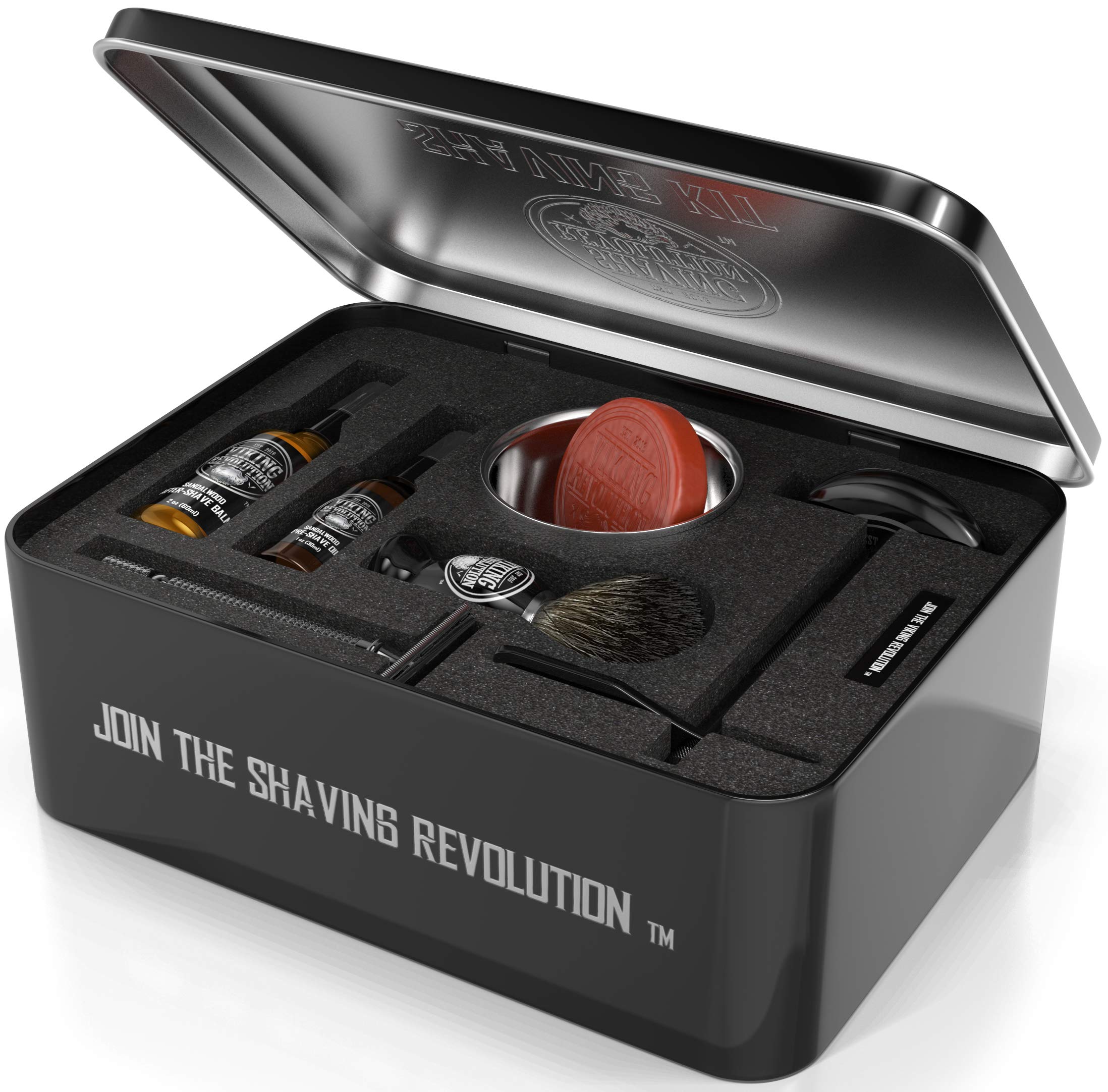 Viking Revolution Luxury Safety Razor Shaving Kit - Includes Double Edge Safety Razor, Stand, Bowl, After-Shave Balm, Pre-Shave Oil, Badger Brush - Safety Razor Kit