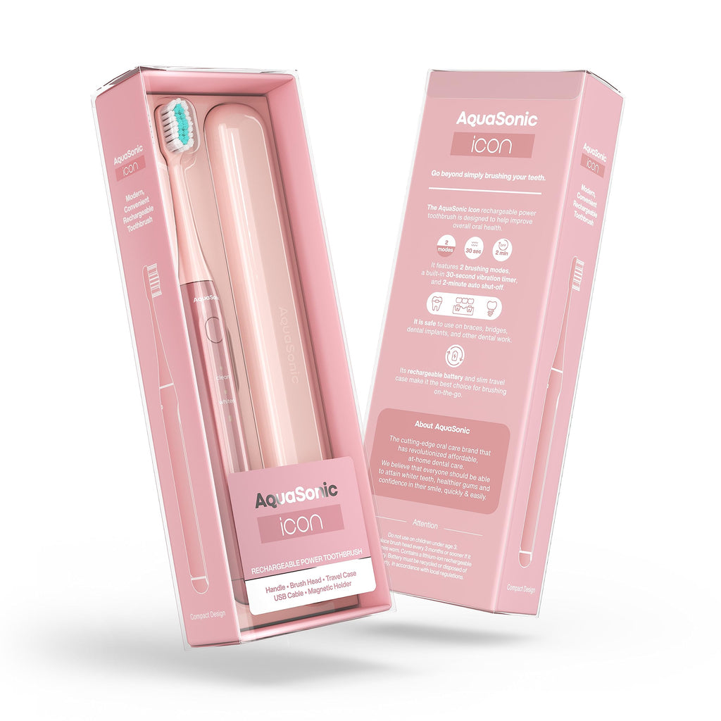 Aquasonic Icon ADA-Accepted Rechargeable Toothbrush | Magnetic Holder & Slim Travel Case | 2 Brushing Modes & Smart Timers | Gentle Micro-Vibrations