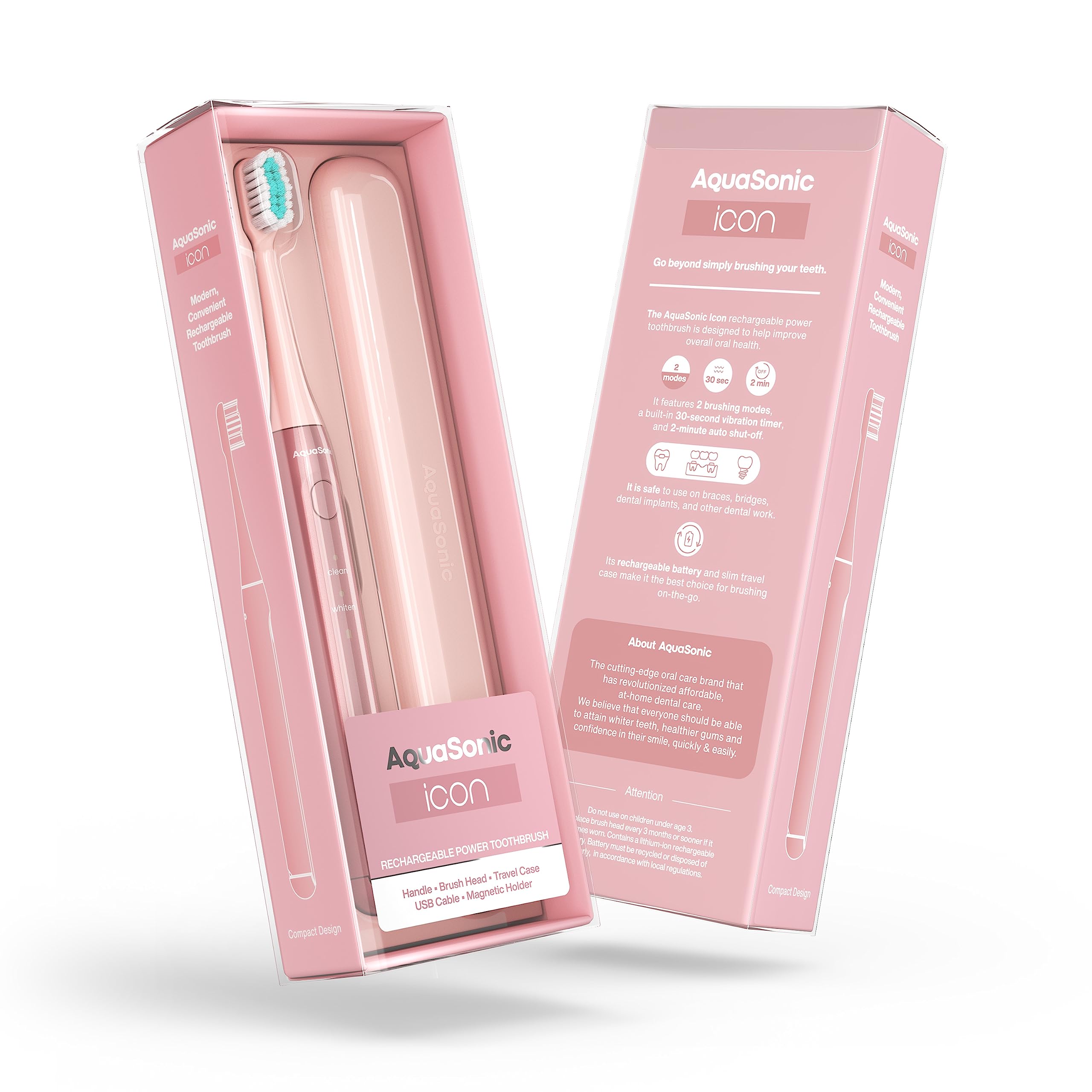 Aquasonic Icon ADA-Accepted Rechargeable Toothbrush | Magnetic Holder & Slim Travel Case | 2 Brushing Modes & Smart Timers | Gentle Micro-Vibrations