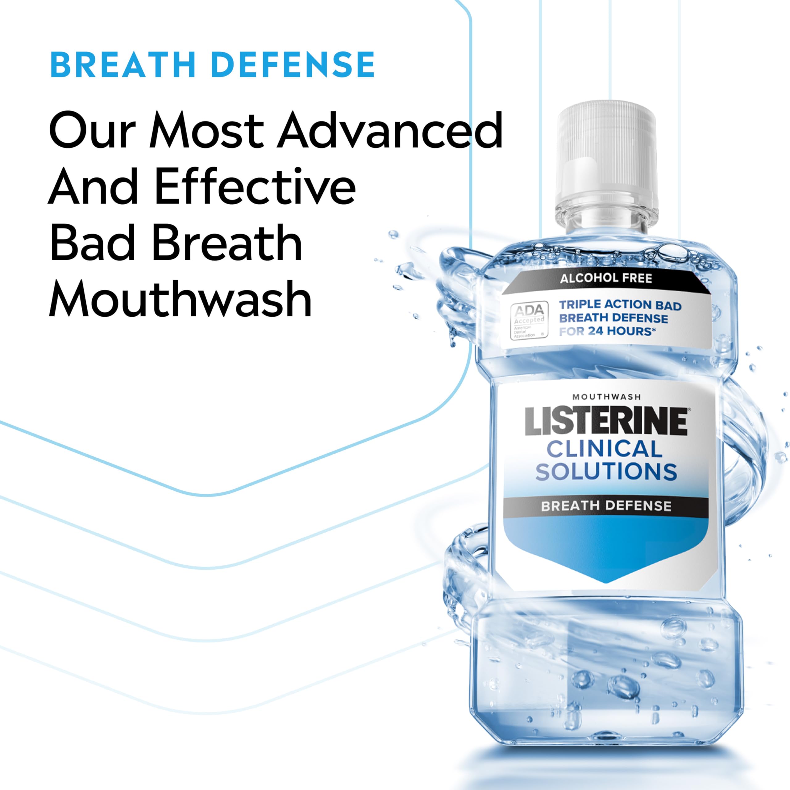 Listerine Clinical Solutions Breath Defense Zero Alcohol Mouthwash, Alcohol-Free Mouthwash with a Triple-Action Formula Fights Bad Breath for 24 Hours