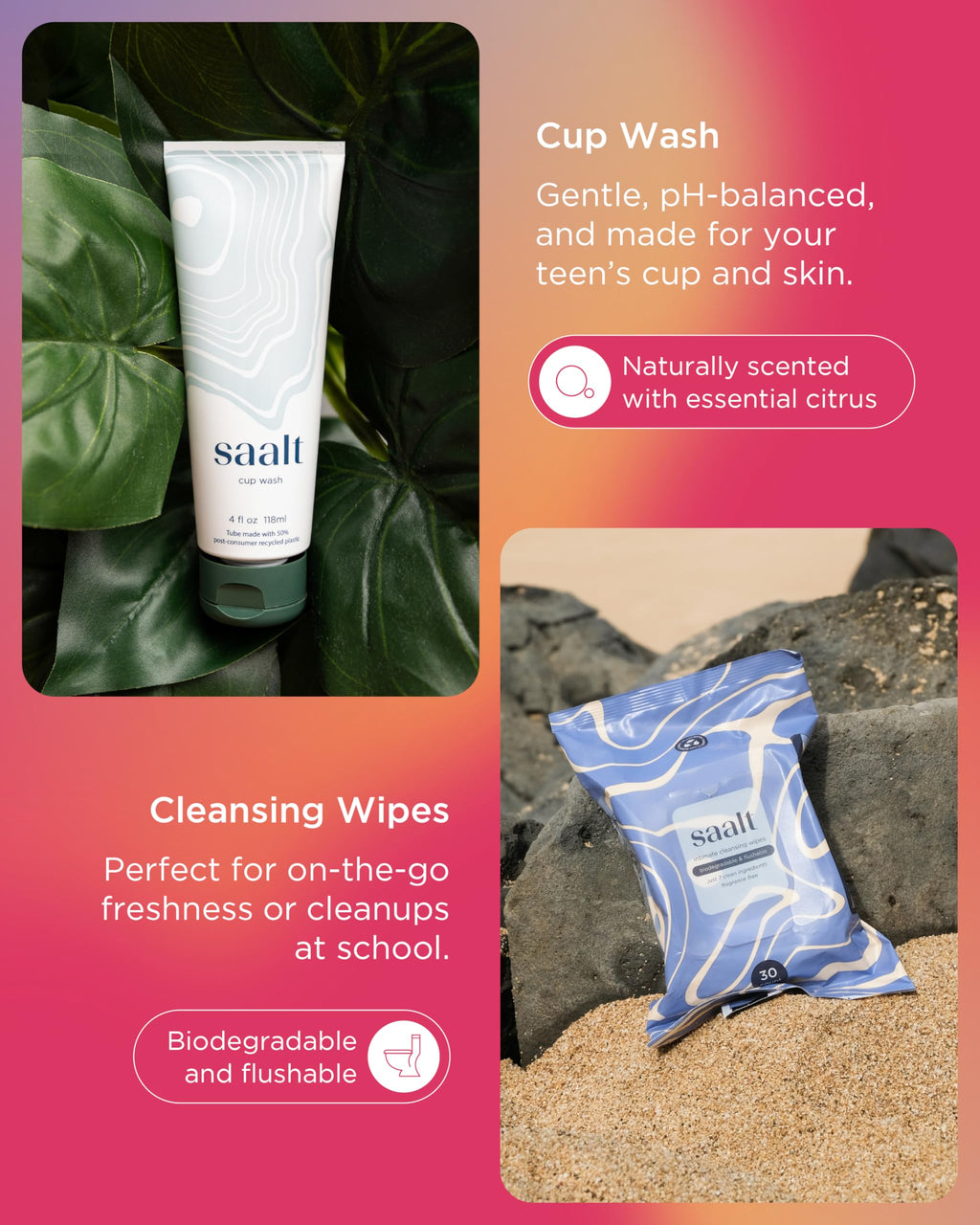 Saalt Teen First Period Kit - Includes Leakproof Period Underwear, Menstrual Cup, Menstrual Cup Wash, Compact Sanitizer, Feminine Wipes, Storage Bag, Saalt Stickers & Period Care 101 Booklet