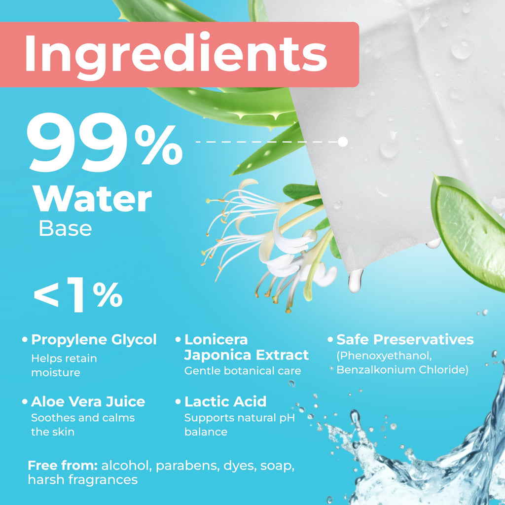Feminine Wipes for Women – Flushable pH Balanced Wipes, 99% Water & Aloe – Unscented, Gentle Intimate & Period Care with Odor Protection – Daily Hygiene & Travel Essentials