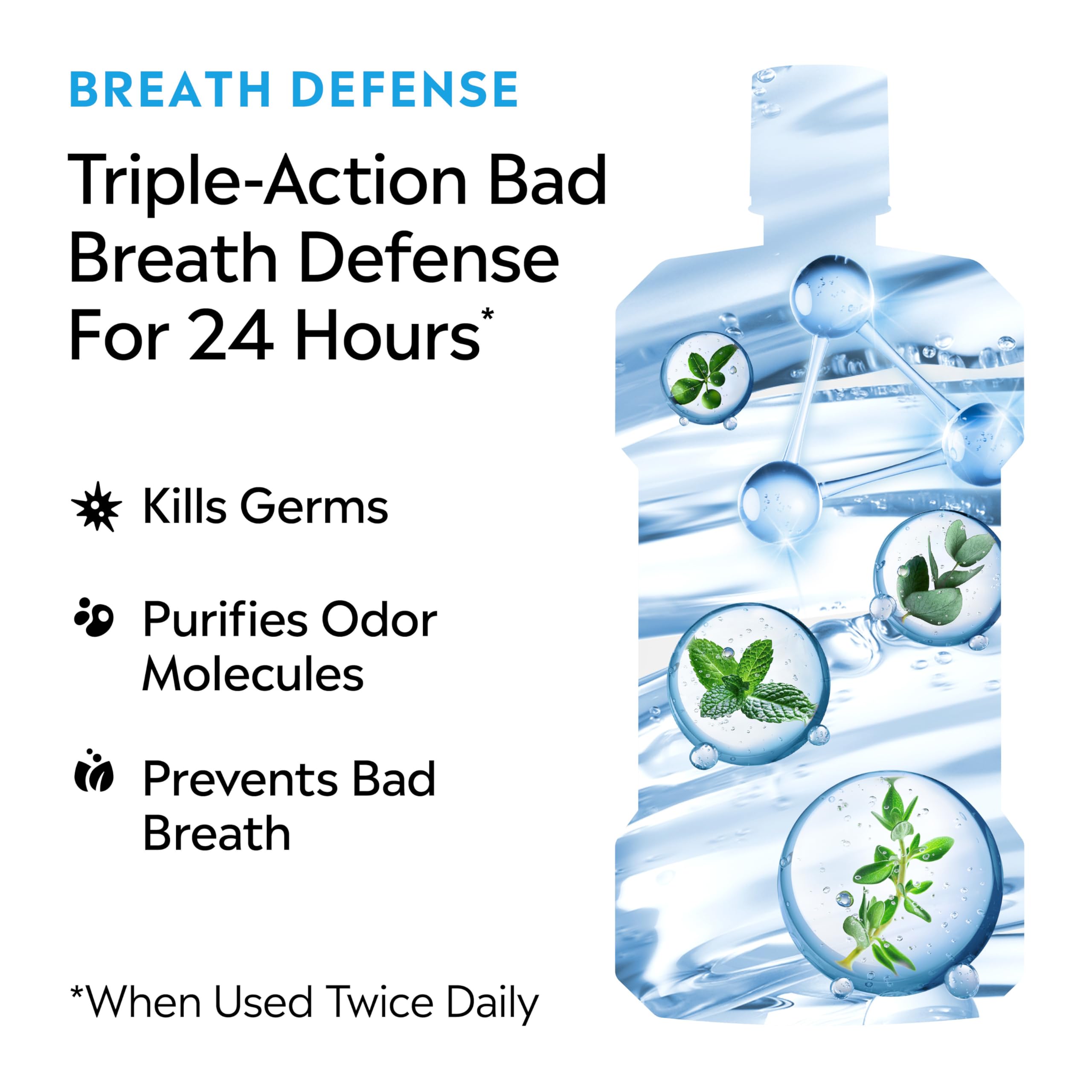 Listerine Clinical Solutions Breath Defense Zero Alcohol Mouthwash, Alcohol-Free Mouthwash with a Triple-Action Formula Fights Bad Breath for 24 Hours