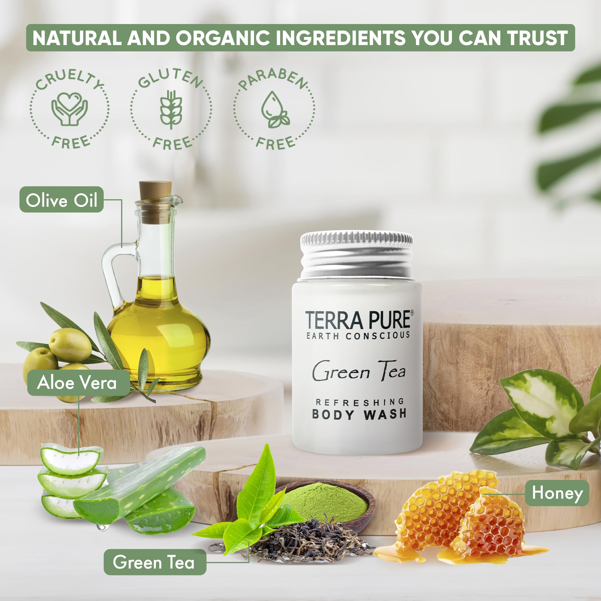 Terra Pure Shampoo, Conditioner and Body Wash, Travel Size Hotel Amenities, 1 oz. (Case of 300)