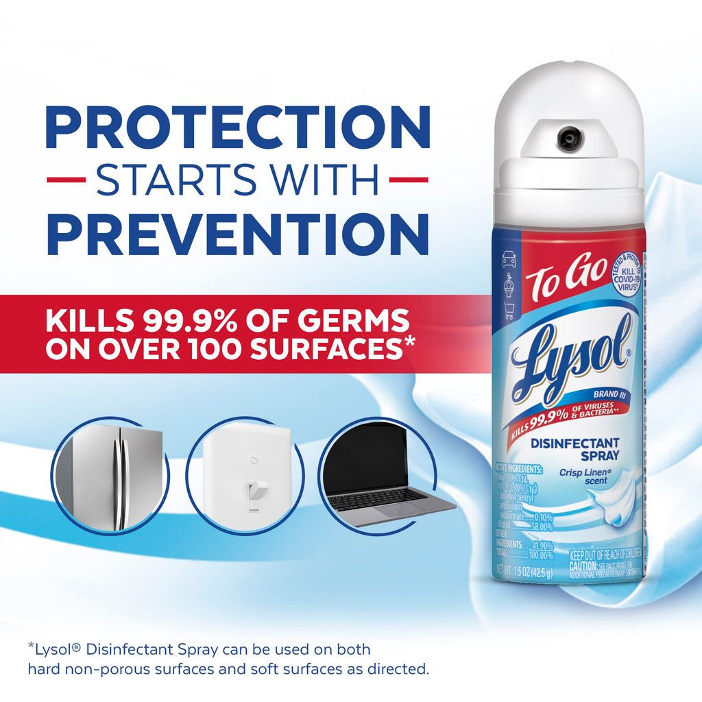Lysol To Go Disinfectant Spray, Travel Size Sanitizing and Antibacterial Spray, For On-the-Go Disinfecting and Deodorizing, Crisp Linen, 1.5 Fl. Oz