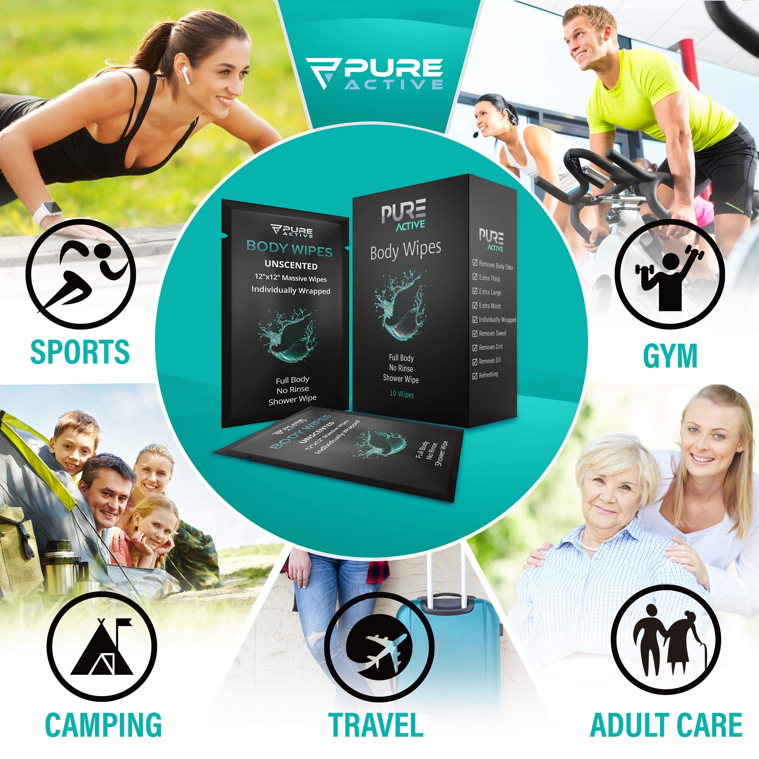 Individually Wrapped Personal Hygiene Body Wipes for Women and Men, Keep Clean After Gym Travel Camping Outdoors Sports, Unscented