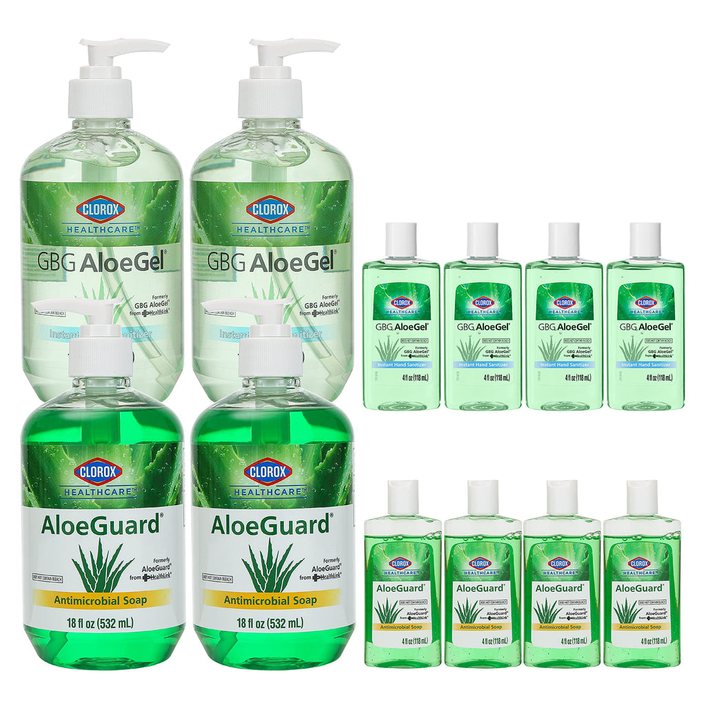 Clorox Healthcare Essentials Hand Sanitizer & Soap Kit | GBG AloeGel Hand Sanitizer Gel Pump Dispensers & Mini Travel Hand Sanitizers, AloeGuard Antimicrobial Soaps | FDA Registered